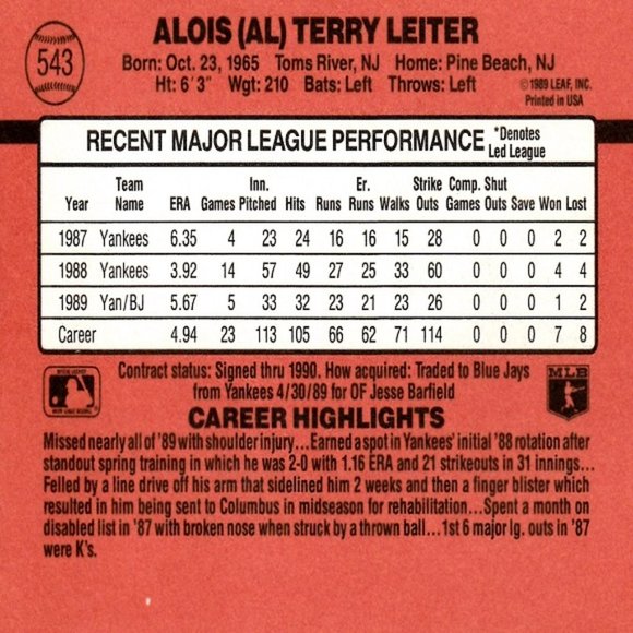 Al Leiter (Toronto Blue Jays) Vintage Donruss '90 Series Card - Card Number 543 - Picture 2 of 2